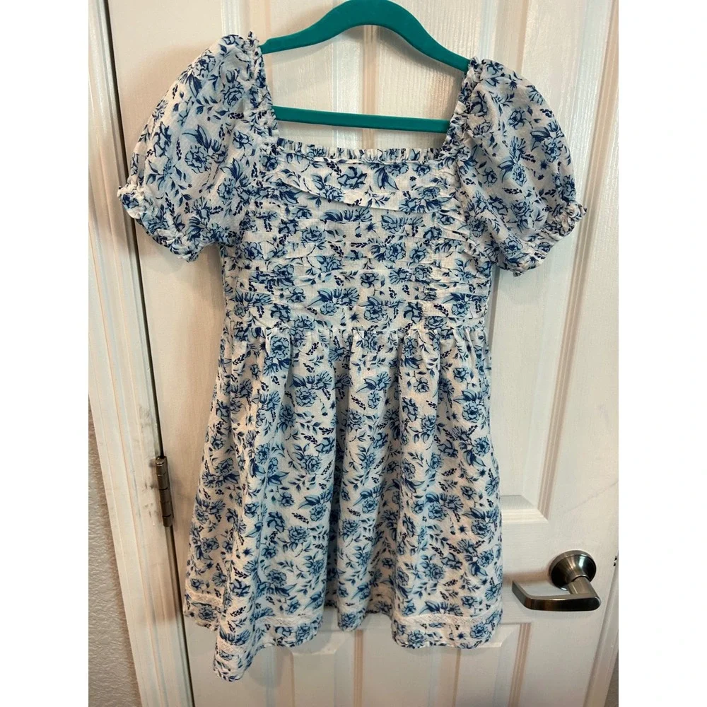 Joie Dress Blue White Floral Puff Sleeve Smocked Back Lace Trim Kids Size 8